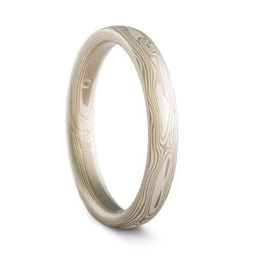 slim mokume gane band made with white gold, palladium and silver