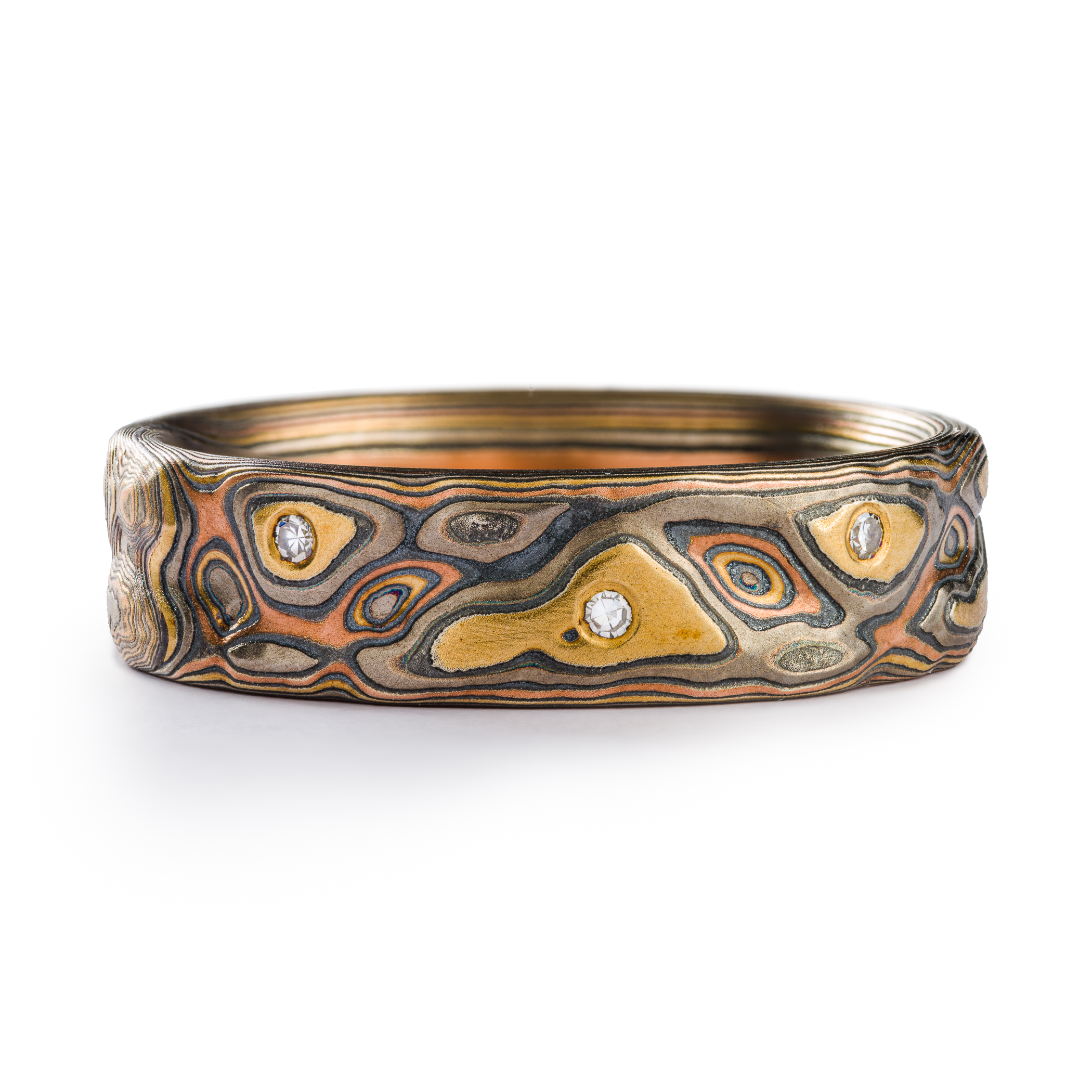 mokume gane mens wedding ring that is heirloom quality- resembles woodgrain made of precious metals