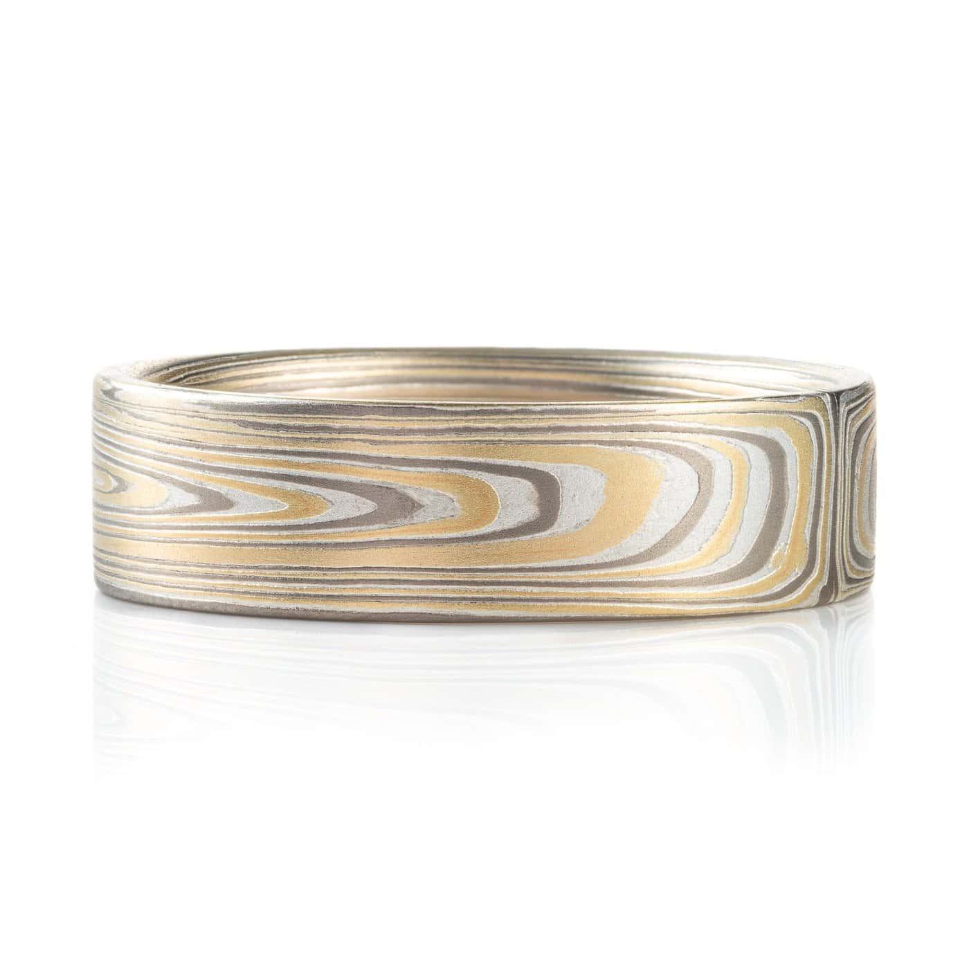 mokume gane arn krebs vortex pattern ring, flat profile, yellow gold palladium and silver