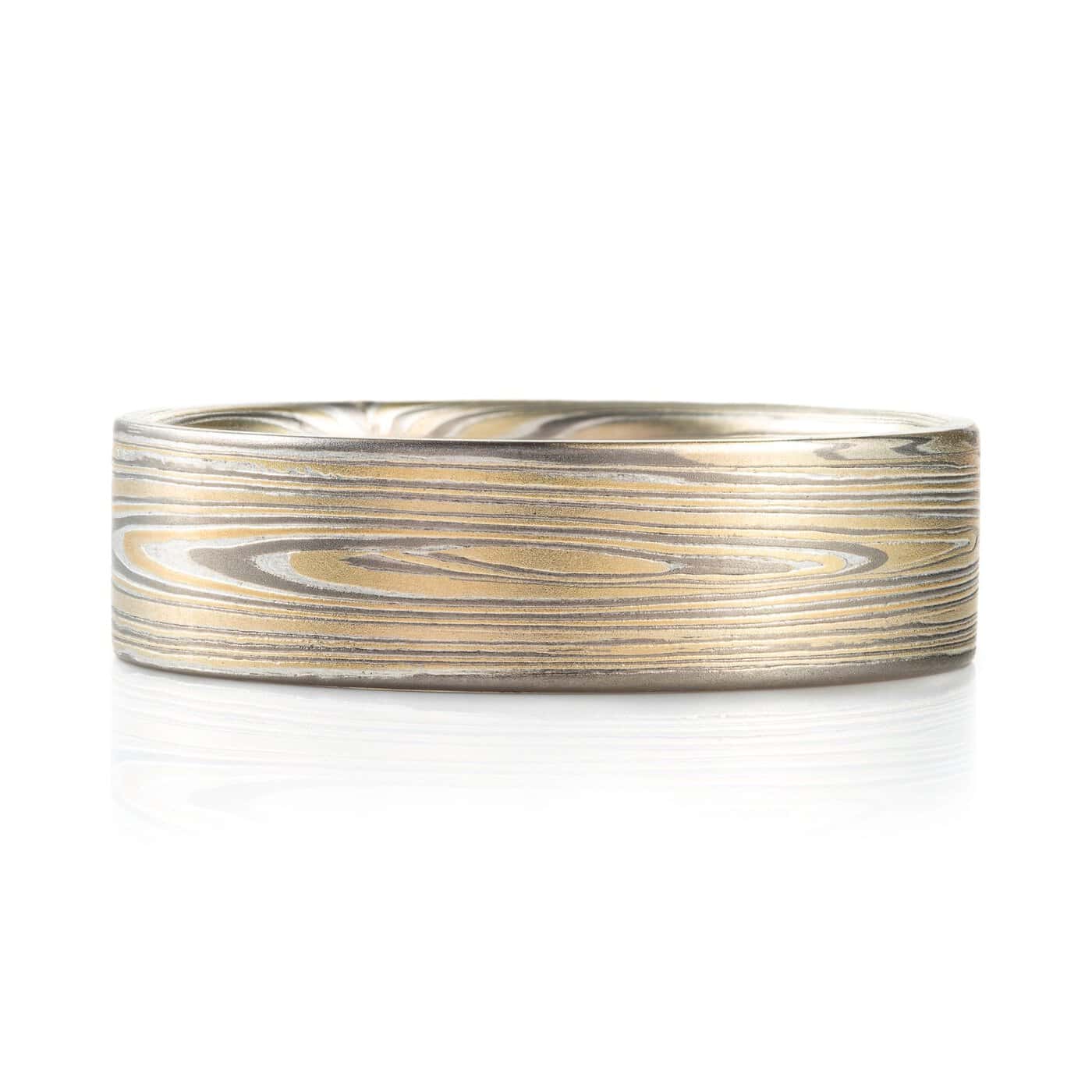 mokume gane arn krebs vortex pattern ring, flat profile, yellow gold palladium and silver