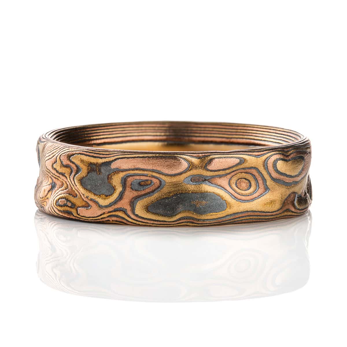 Mokume Mens Ring in Red and Yellow Goldkrikawa Textured mokume gane band, made with red gold, yellow gold and oxidized silver, patterned to resemble topographical maps.